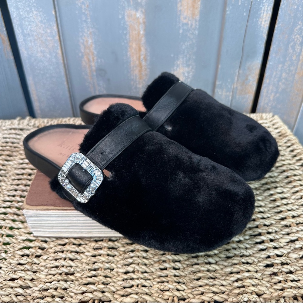 Kate Spade Cici Faux Fur Embellished Mules Flats Black Sz 7